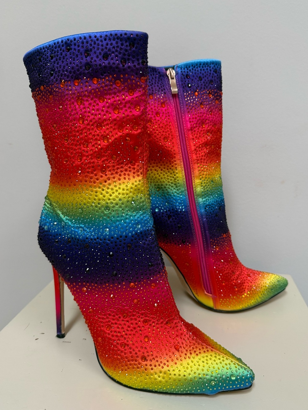 Azalea Wang Rainbow Crystal Embellished Pointed-Toe Stiletto Bootie - Multi